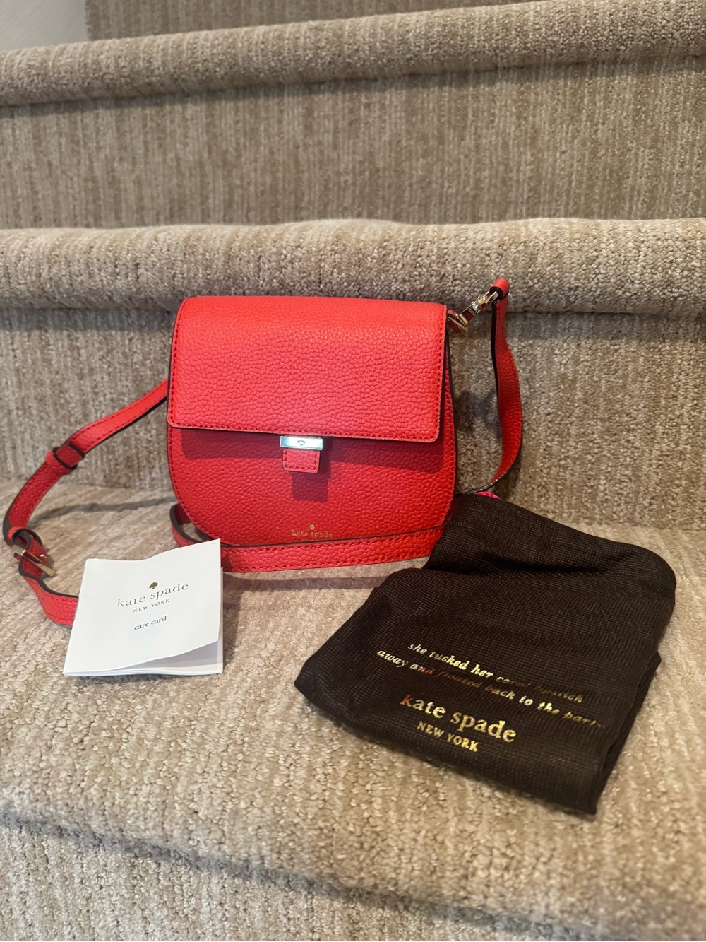 kate spade Red Pebbled Leather Crossbody Saddle Bag with Gold Hardware